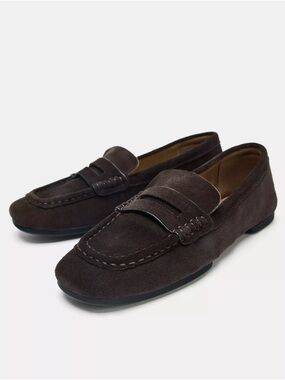 New Zara Women’s Split Dark Brown Suede Leather Loafers 39